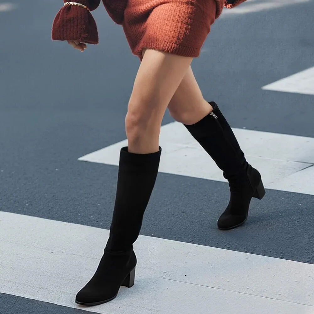 Women's Suede Black Knee High Boots Round Toe Side Zip Chunky Heel Rubber